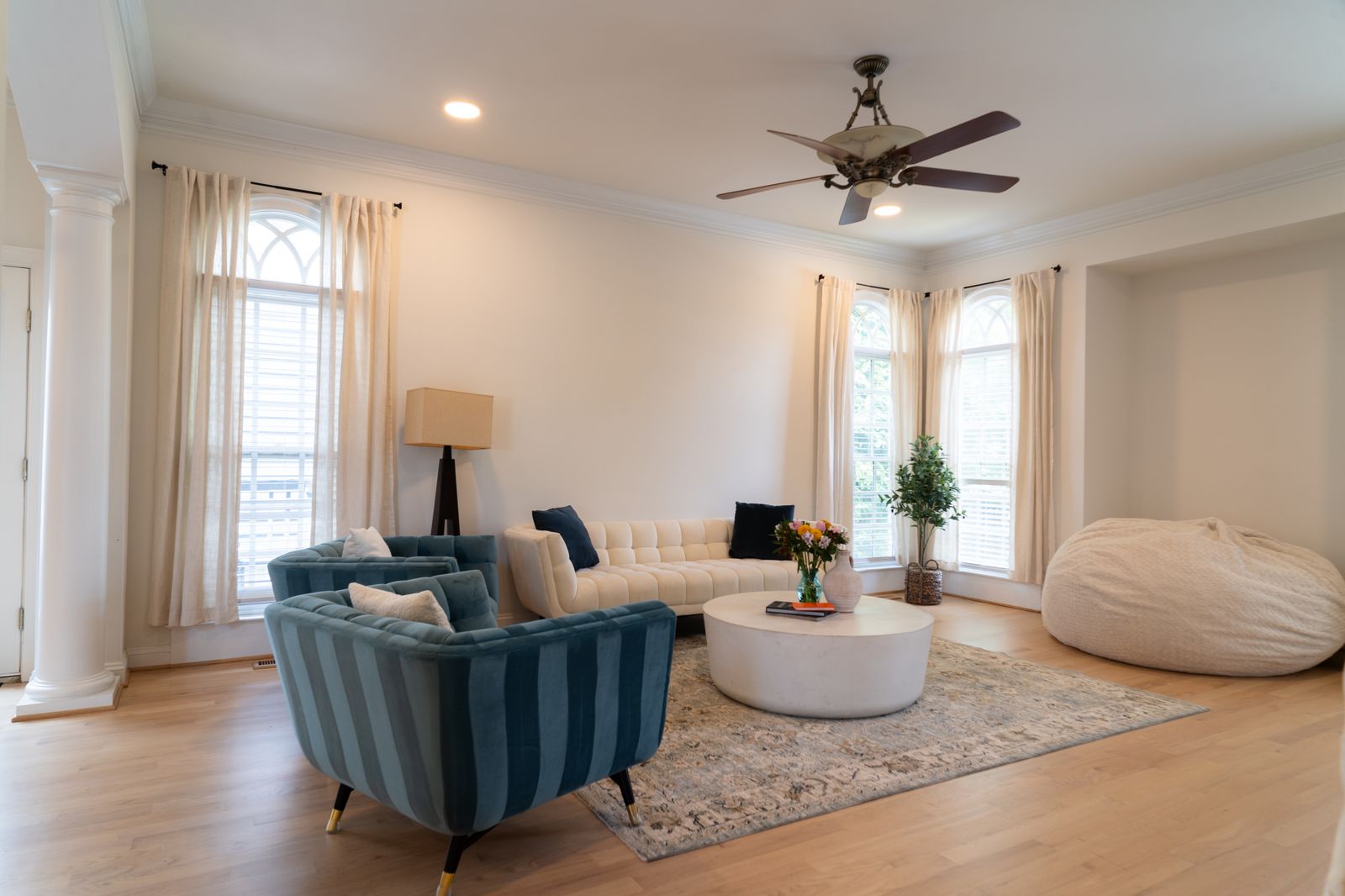 Living room with refinished oak flooring
